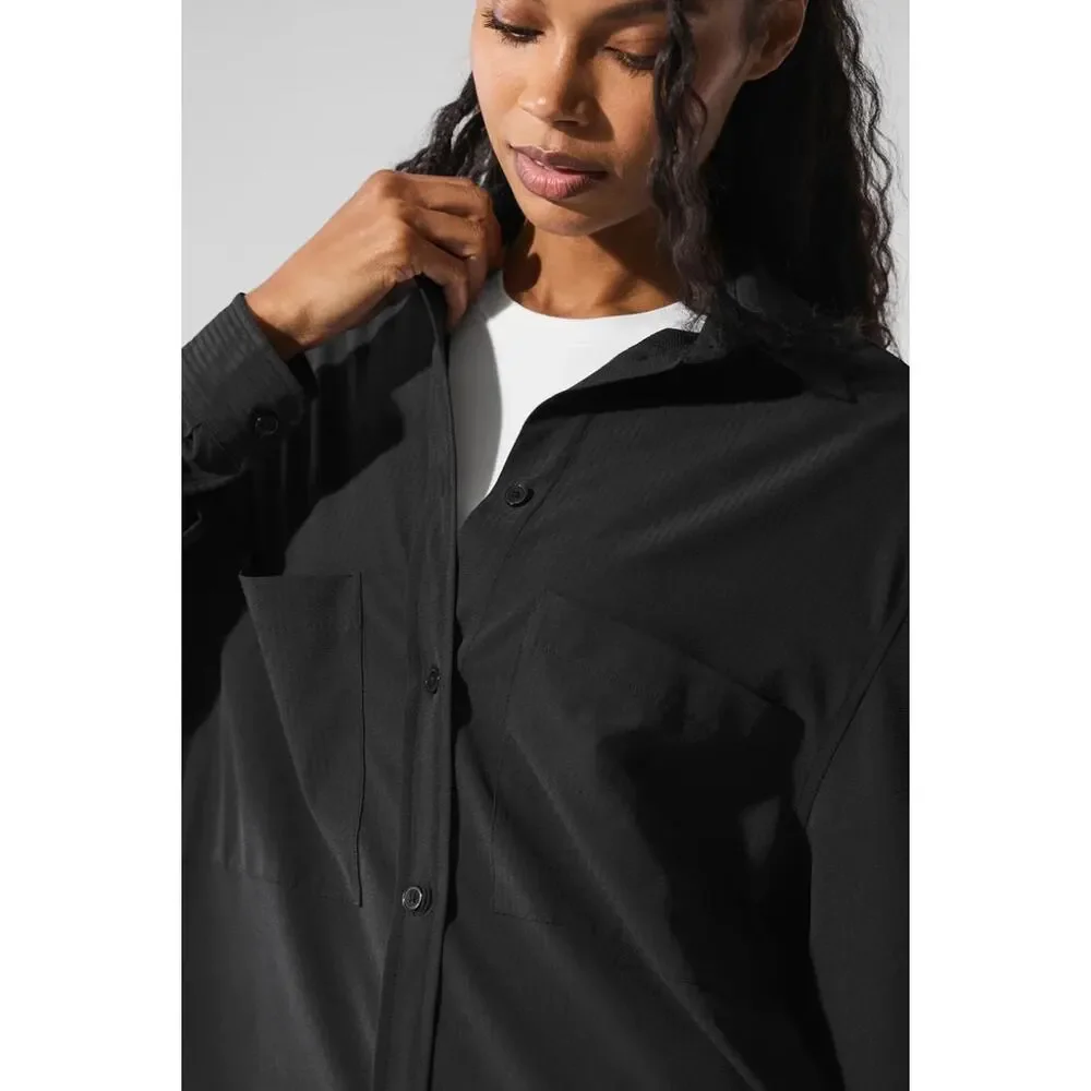 Alo Yoga Black Dreamscape Button Down Long Sleeve Shirt Oversized Size L/XL